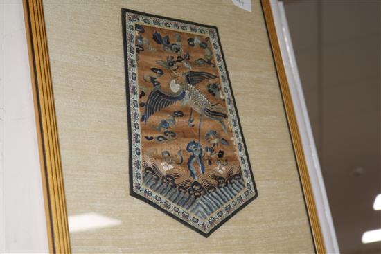 A Chinese embroidered silk phoenix panel, Qing